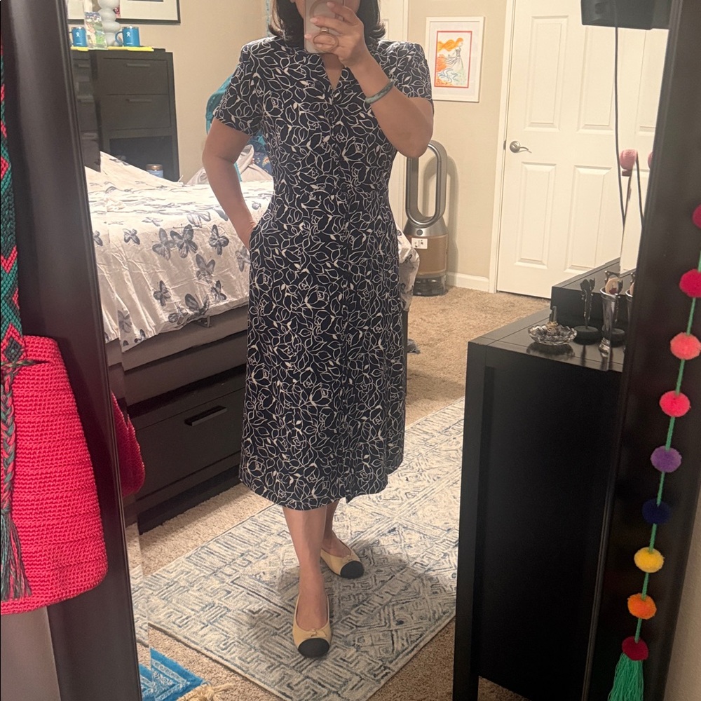Talbots Women Navy Blue/Cream Floral/Leaf Pattern Midi Dress Size 10P